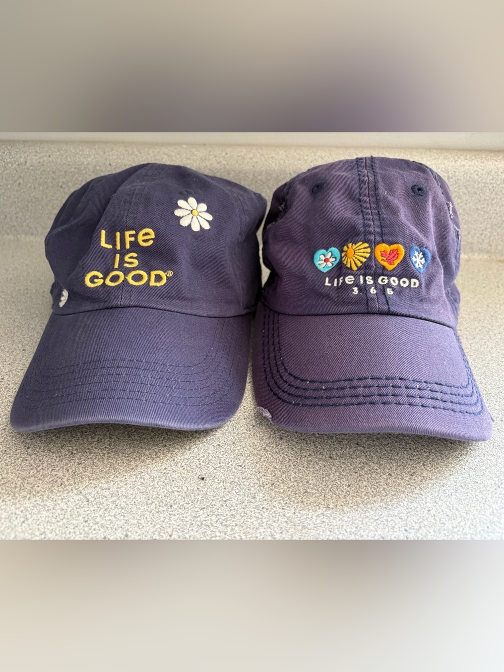 Life Is Good Navy Purple Daisy Embroidered Baseball Caps (Pair)